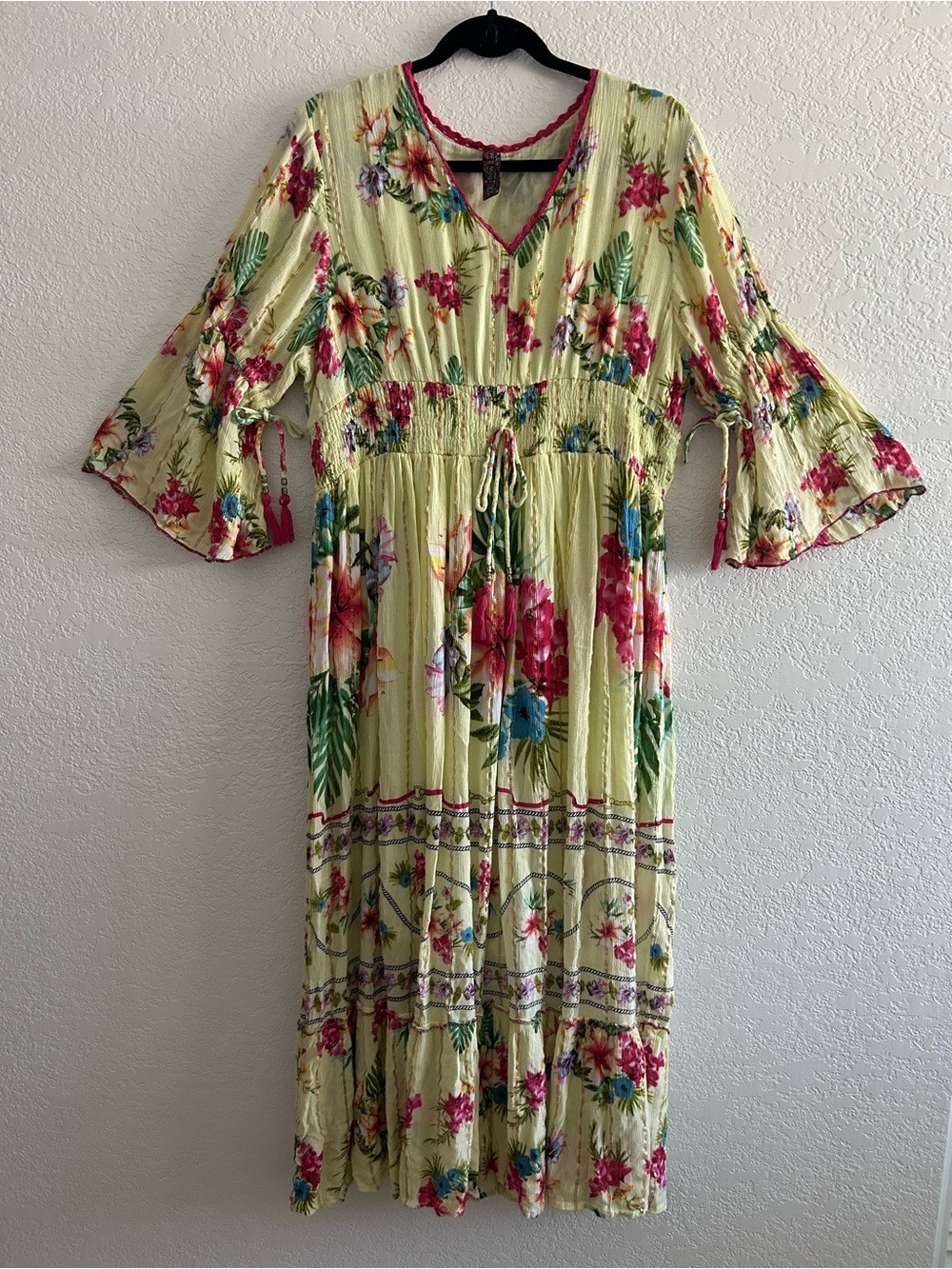 Me 2 Magic Pale Yellow Coastal Boho Tropical Floral Print Half Sleeve Maxi Dress